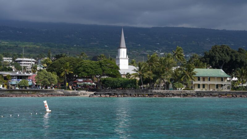 Kailua Village waterfront on Ali'i Drive with the white steeple of Mokuaikaua Church